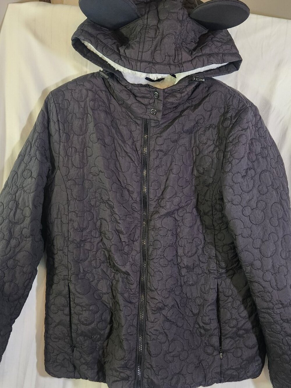 Disney Parks Mickey Mouse Quilted Sherpa Lined Jacket 3D Ears Hood Black Large